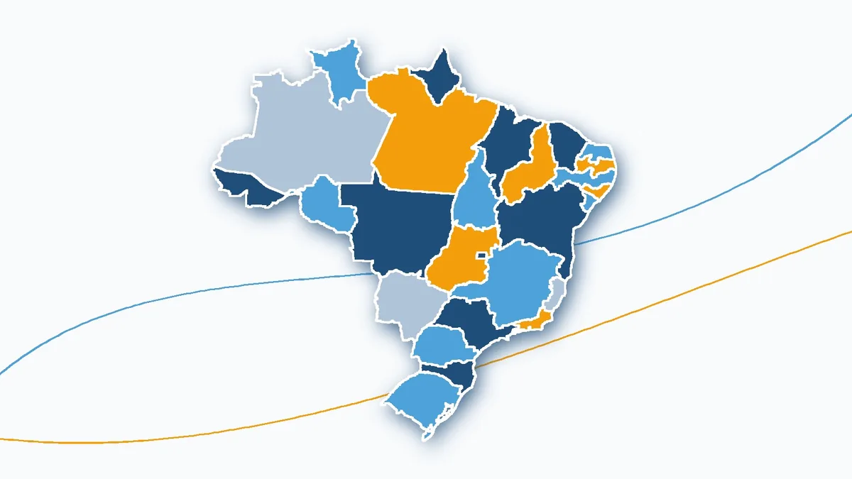 Mapa do Brasil com os estados em cores alternadas e duas trajetórias de preços