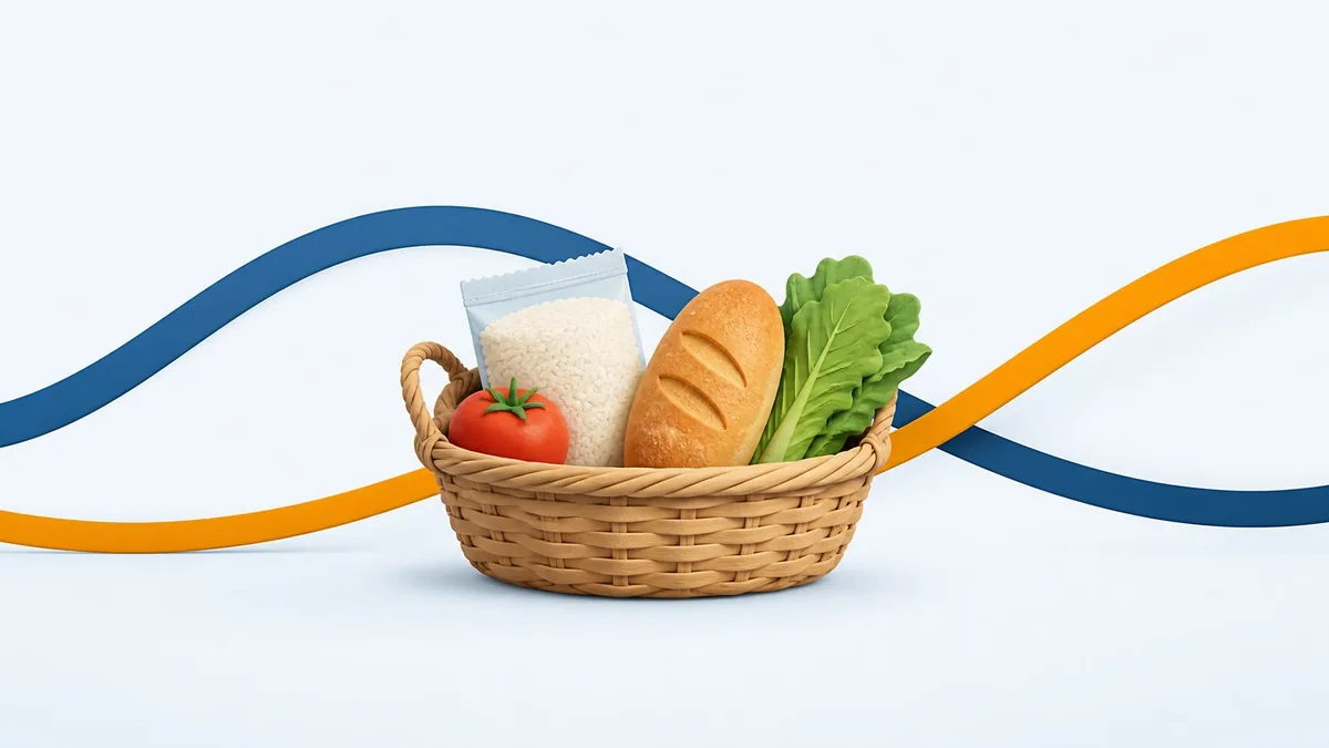 Cesta com alimentos diante de curvas azul e laranja que se cruzam