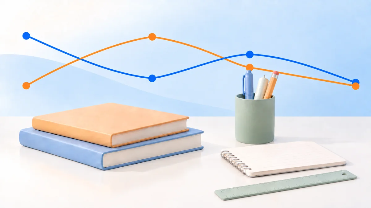 Ilustração sobre inflação da educação com livros, caderno, régua, porta-lápis e linhas de variação azul e laranja.