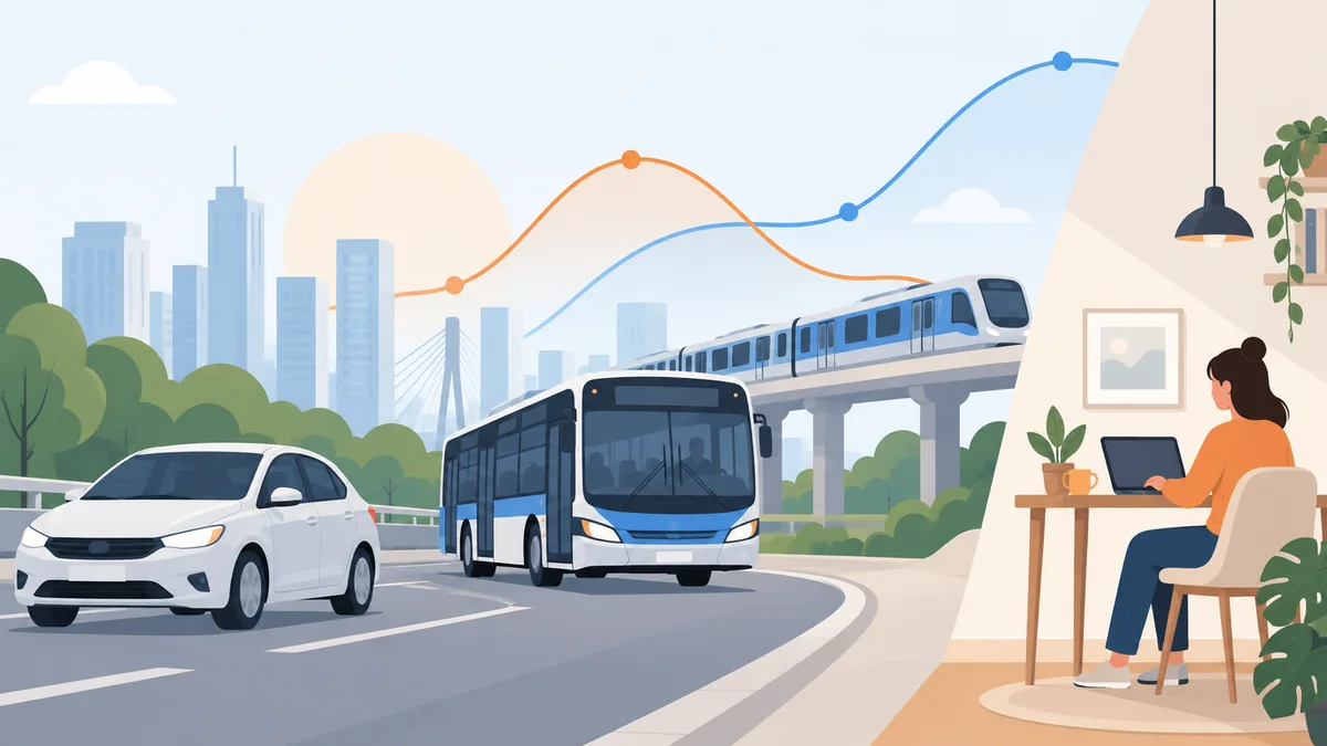 Ilustração sobre inflação dos transportes com carro, transporte público e trabalho remoto.