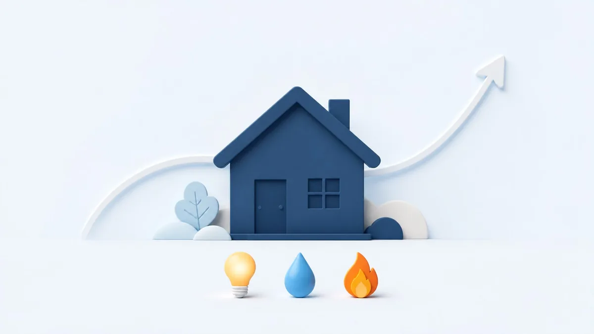 Casa estilizada acompanhada por símbolos de energia, água e gás