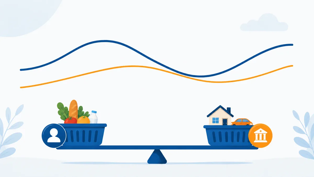 Duas cestas de consumo comparadas por curvas de inflação pessoal e oficial