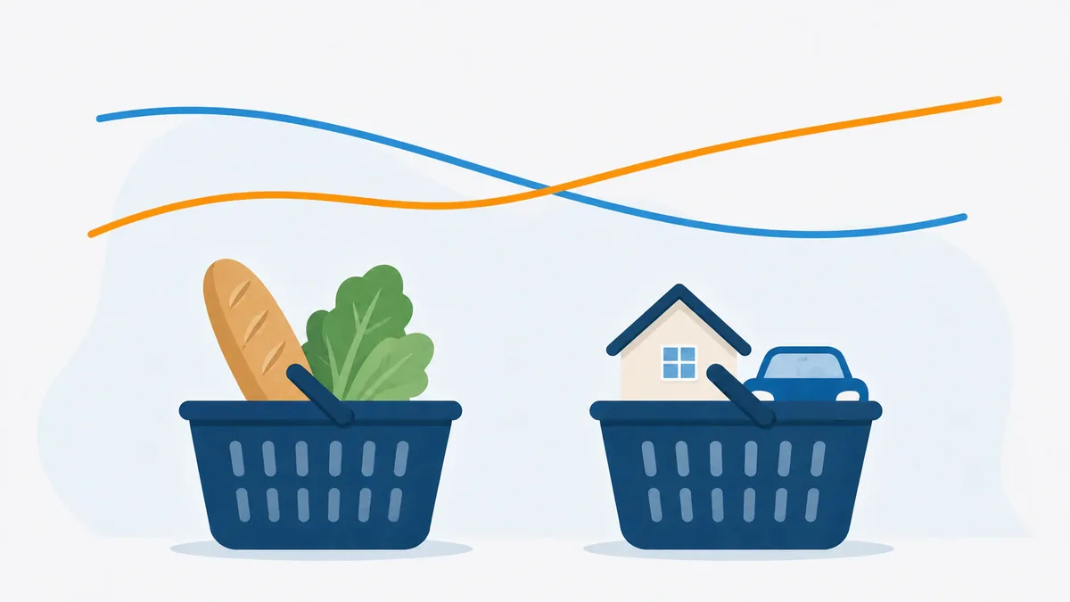 Cestas de consumo diferentes acompanhadas por curvas de preços