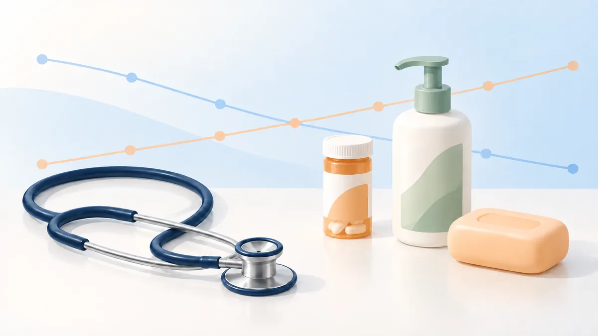 Ilustração sobre inflação da saúde e dos cuidados pessoais com estetoscópio, medicamento, itens de higiene e linhas de variação.