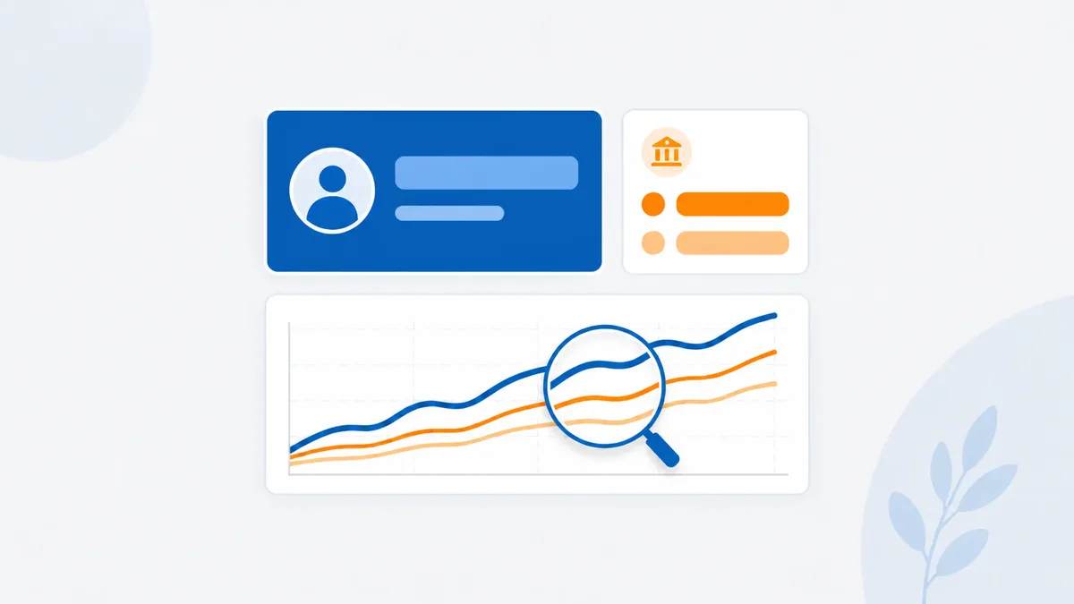 Cards e gráfico de inflação analisados com uma lupa