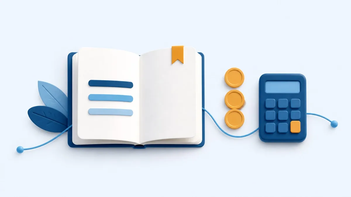 Caderno de planejamento, moedas e calculadora organizados sobre fundo claro